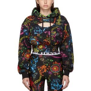 Versace Baroque Colorful Regalia Print Pattern Black Hoodie 44 Jeans Couture